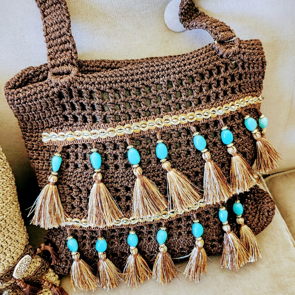 Bohemian Brown Crochet Hobo Bag with Tassels